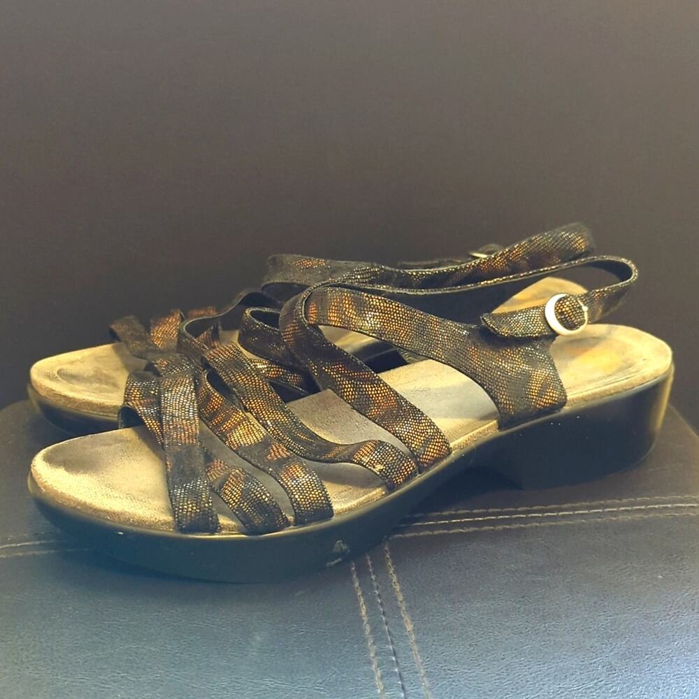 Dansko Dani Leather Bronze Snakeskin Print Strappy Slingback Comfy Wedge Sandals